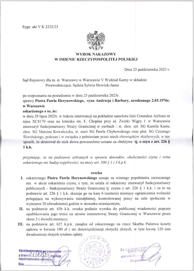 Wyrok Sądu Rejonowego Dla M St Warszawy W Warszawie V Wydział Karny Wyroki Sądowe Komenda 5947
