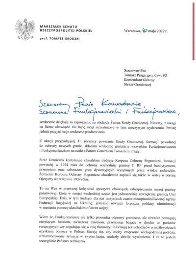List z okazji Święta Straży Granicznej od Marszałka Senatu 