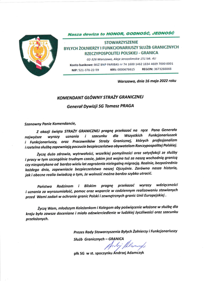 List z okazji Święta Straży Granicznej od Prezesa Rady Stowarzyszenia Byłych Żołnierzy i Funkcjonariuszy Służb Granicznych 