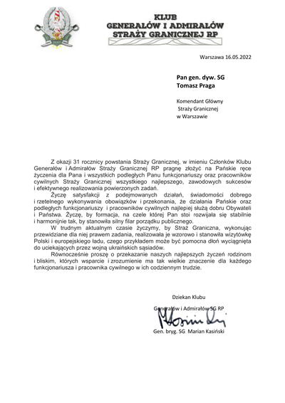 List z okazji Święta Straży Granicznej od Dziekana Klubu Generałów i Admirałów Straży Granicznej RP 