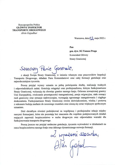 List z okazji Święta Straży Granicznej od Głównego Inspektora Transportu Drogowego 