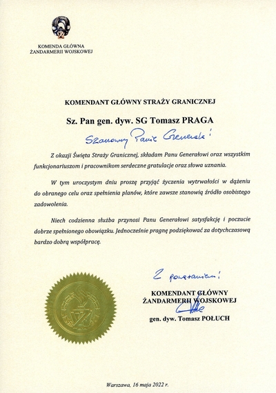List z okazji Święta Straży Granicznej od Komendanta Głównego Żandarmerii Wojskowej 