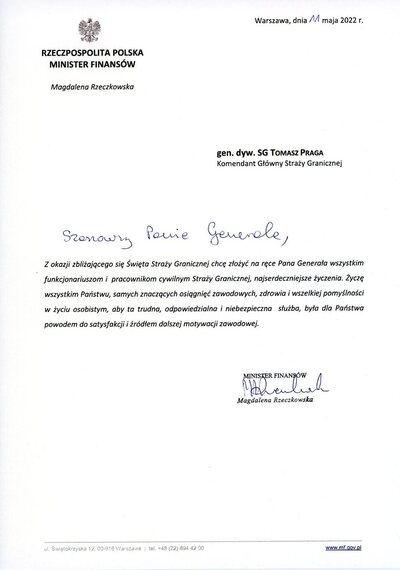List z okazji Święta Straży Granicznej od Ministra Finansów 