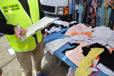 Funkcjonariusz SG zabezpiecza towar 