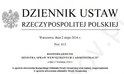 Skan rozporządzenia Ministra SWiA o przywróceniu Karpackiego Oddziału SG 